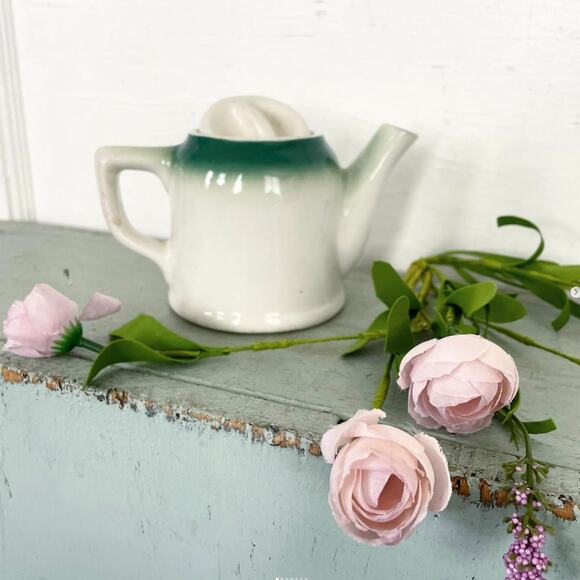 Vintage Ceramic Teapot Individual Green Rim Lid Restaurant Ware Sexton USA - Picture 2 of 7